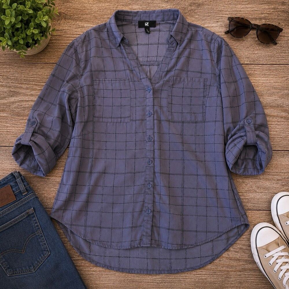 IZ Byer Women’s Large Gray Windowpane Roll Tab Blouse Long Sleeve Hi Low Top